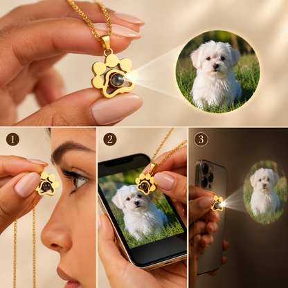 Custom Paw Print Photo Projection Necklace, Personalized Pet Photo Pendant, Dog & Cat Memorial Gift