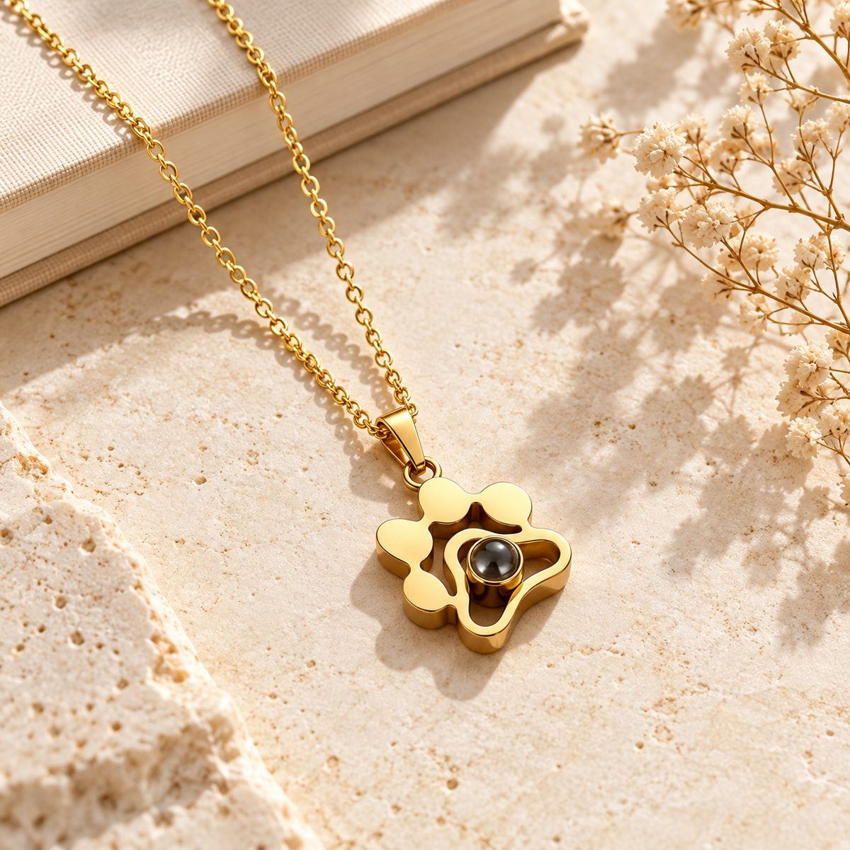 Custom Paw Print Photo Projection Necklace, Personalized Pet Photo Pendant, Dog & Cat Memorial Gift