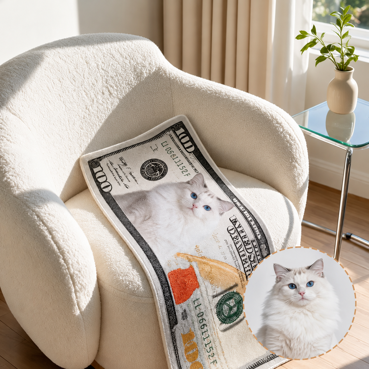Custom Pet Portrait Dollar Bill Rug – Faux Lambswool Entryway Mat & Bedside Runner