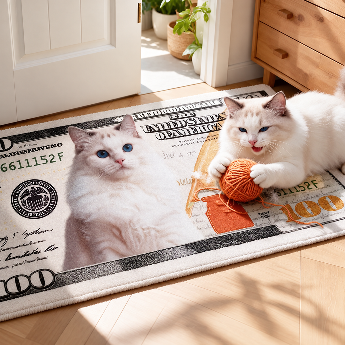 Custom Pet Portrait Dollar Bill Rug – Faux Lambswool Entryway Mat & Bedside Runner